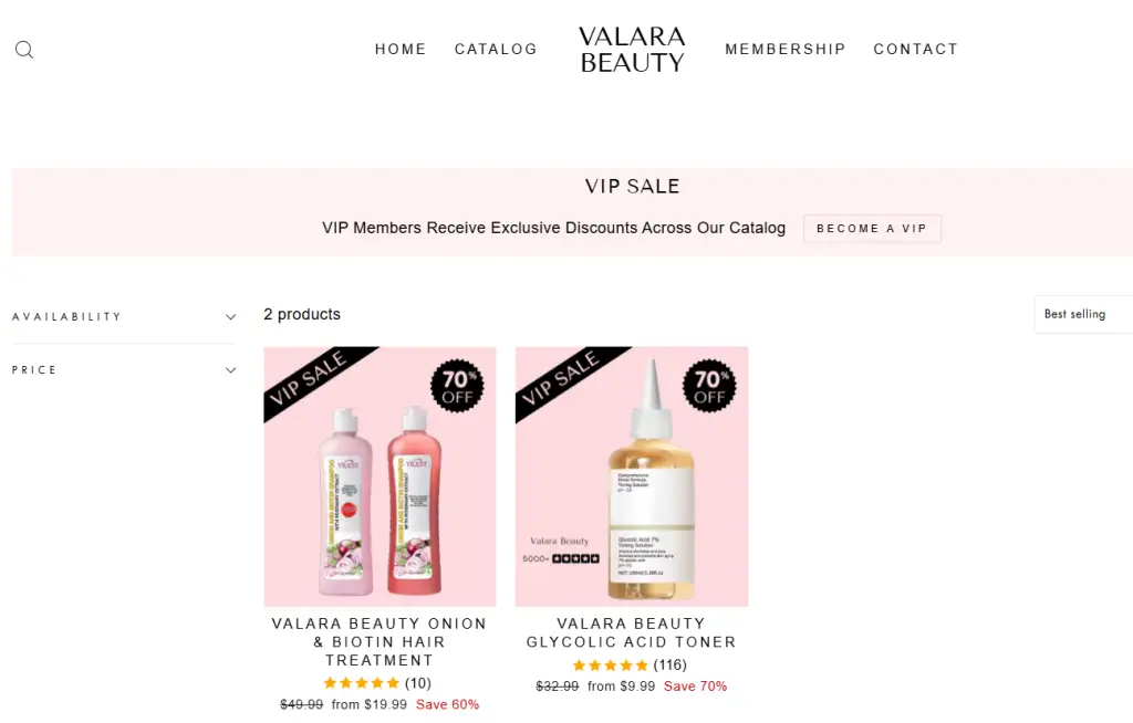 ValaraBeauty.com Homepage 